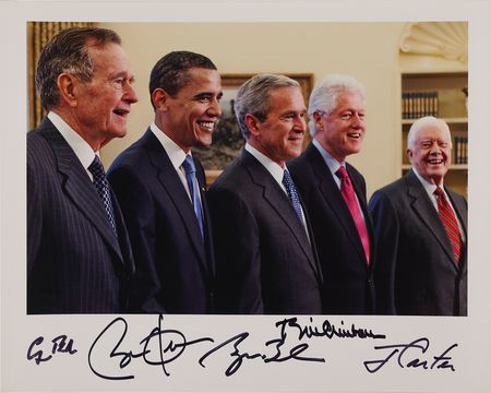Lot #15 Five Presidents Signed Photograph - Barack Obama, George W. Bush, George Bush, Bill Clinton, and Jimmy Carter - Image 1