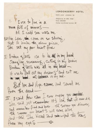 Lot #428 Jimi Hendrix Handwritten Working Lyrics for 'Room Full of Mirrors' - Image 2