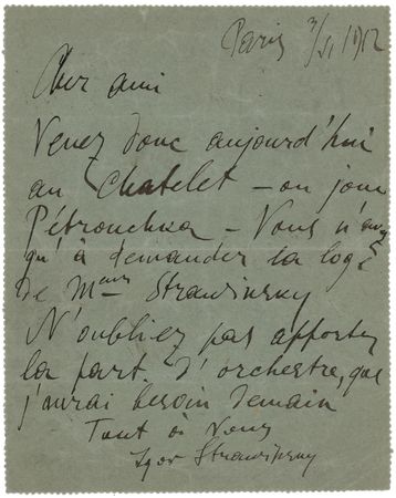 Lot #407 Igor Stravinsky Early Autograph Letter Signed on His Musical Breakthrough, Petrushka - Image 1