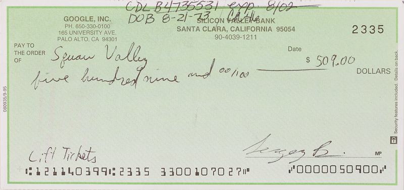 Lot 6163 Google: Sergey Brin Signed Check for Squaw Valley Lift Tickets