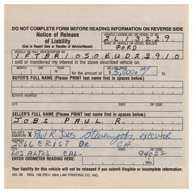 Lot 6024 Steve Jobs Document Signed for the Sale of His Father's Car