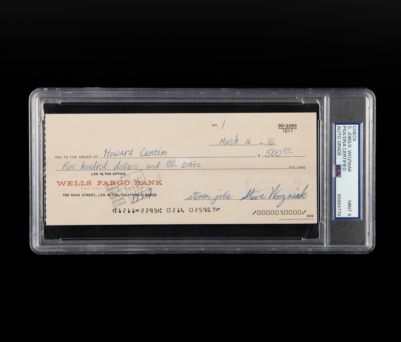 Lot 6000 Steve Jobs and Steve Wozniak Historic Signed 1976 Apple Computer Check (No. 1) to Howard Cantin, Designer of the Apple-1 Printed Circuit Board - PSA MINT 9