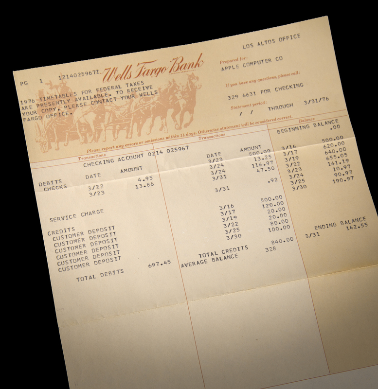 Lot 6002 Steve Jobs: March 1976 Wells Fargo Account Statement for Apple Computer Co. - Apple's First Financial Record