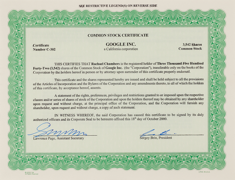 Lot 6201 Google: Sergey Brin and Larry Page Signed Stock Certificate