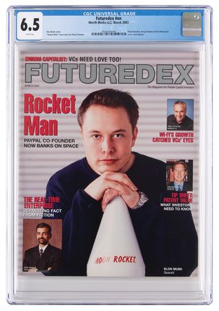 Lot #6161. Elon Musk: Futuredex Magazine from March 2003 - "PayPal Co-Founder Now Banks on Space" - CGC 6.5 (WHITE Pages)