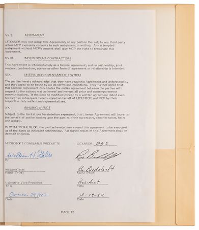 Lot #6166 Bill Gates and Steve Ballmer Signed 'Multipert' License Agreement (October 29, 1982) - An Early Precursor to Microsoft Project - Image 2