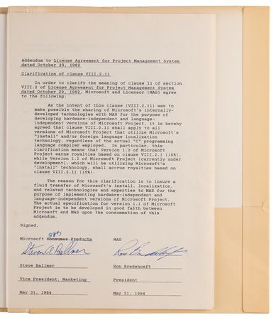Lot #6166 Bill Gates and Steve Ballmer Signed 'Multipert' License Agreement (October 29, 1982) - An Early Precursor to Microsoft Project - Image 5