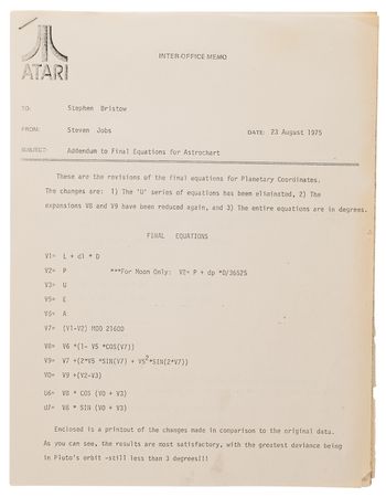 Lot #6012 Steve Jobs Hand-Annotated Atari Horoscope Program Report and Memo to Stephen Bristow, with 