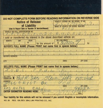 Lot #6024 Steve Jobs Document Signed for the Sale of His Father's Car - Image 2