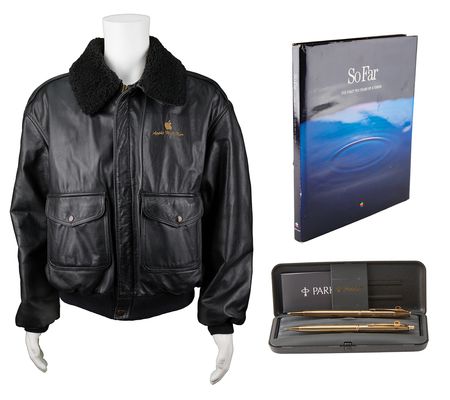 Lot #6144 Apple Sales Awards: 'High Flyer' Leather Bomber Jacket, Gold-Plated Apple/Parker Writing Set, and 