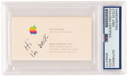 Lot #6020. Steve Jobs Personally-Owned Apple Computer Business Card, with Handwritten Note to His Father: "Hi, I'm back"