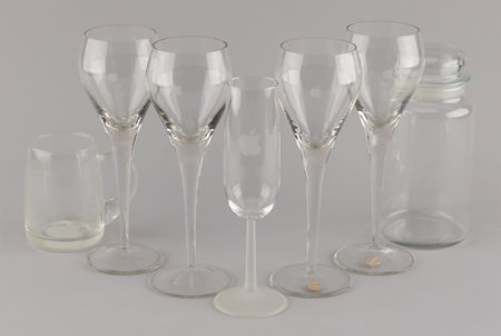 Lot #6136 Apple Computer Glassware - Champagne and Wine Glasses, Beer Mug, and IS&T Jar - Image 1