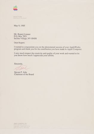 Lot #6022 Steve Jobs Typed Letter Signed to AppleWorks Creator Rupert 'Robert' Lissner: 
