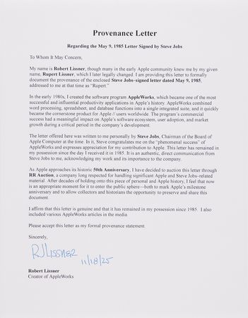 Lot #6022 Steve Jobs Typed Letter Signed to AppleWorks Creator Rupert 'Robert' Lissner: 