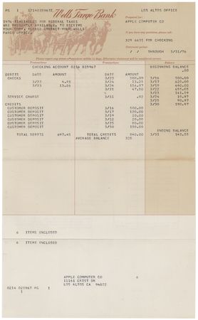 Lot #6002 Steve Jobs: March 1976 Wells Fargo Account Statement for Apple Computer Co. - Apple's First Financial Record - Image 2