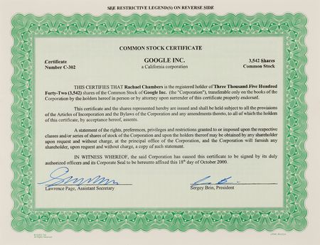 Lot #6201 Google: Sergey Brin and Larry Page Signed Stock Certificate - Image 1