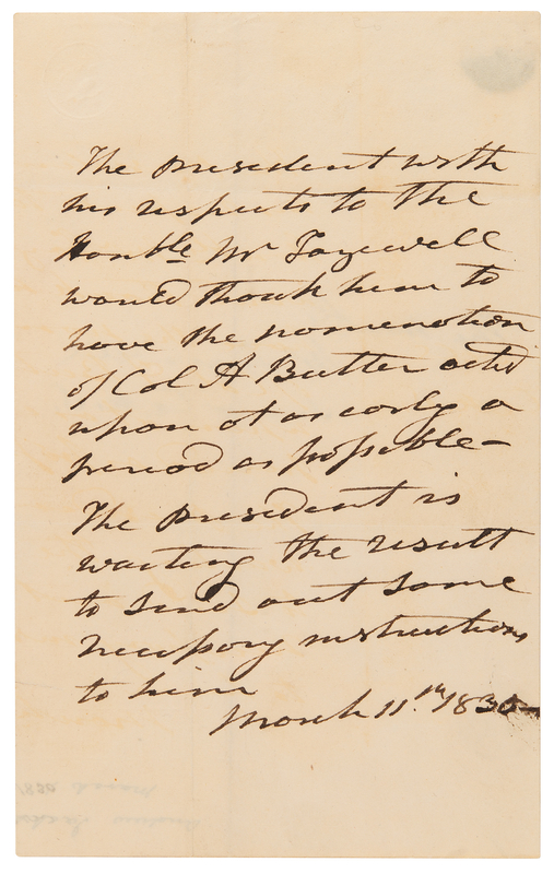 Lot 19 Andrew Jackson Third-Person Autograph Letter Signed as President, Urging the Nomination of a Diplomat to Mexico
