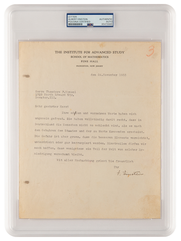Lot 314 Albert Einstein Typed Letter Signed to an Aryan German on the Rise of Nazism (1933): 