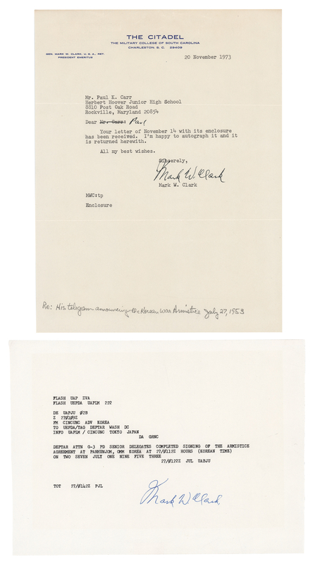 Lot 469 Mark Clark Signed Souvenir Typescript and Typed Letter Signed
