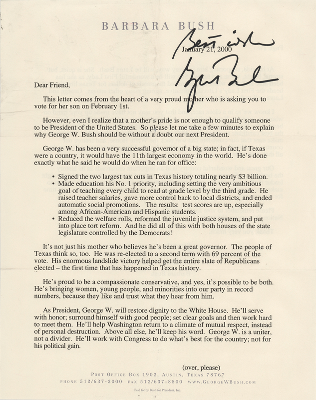 Lot 87 George W. Bush Signed Campaign Letter by Barbara Bush: 