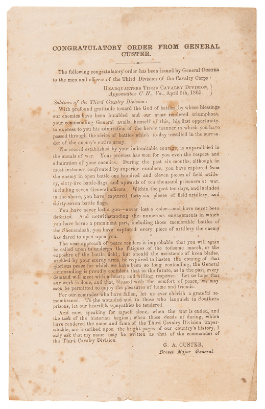 Lot 472 [George A. Custer] Broadside Circular of the 