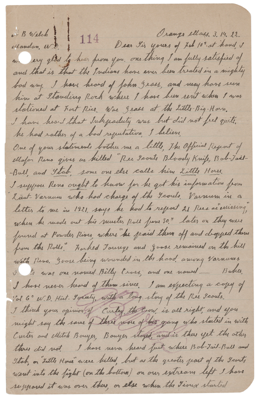 Lot 487 Little Bighorn: William O. Taylor Autograph Letter Signed on the Fate of Custer's Scouts and L Troop of the 7th Cavalry