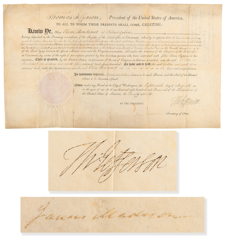 Lot 7 Thomas Jefferson and James Madison Document Signed as President and Secretary of State, Granting Land to Former President of the Confederation Congress Elias Boudinot