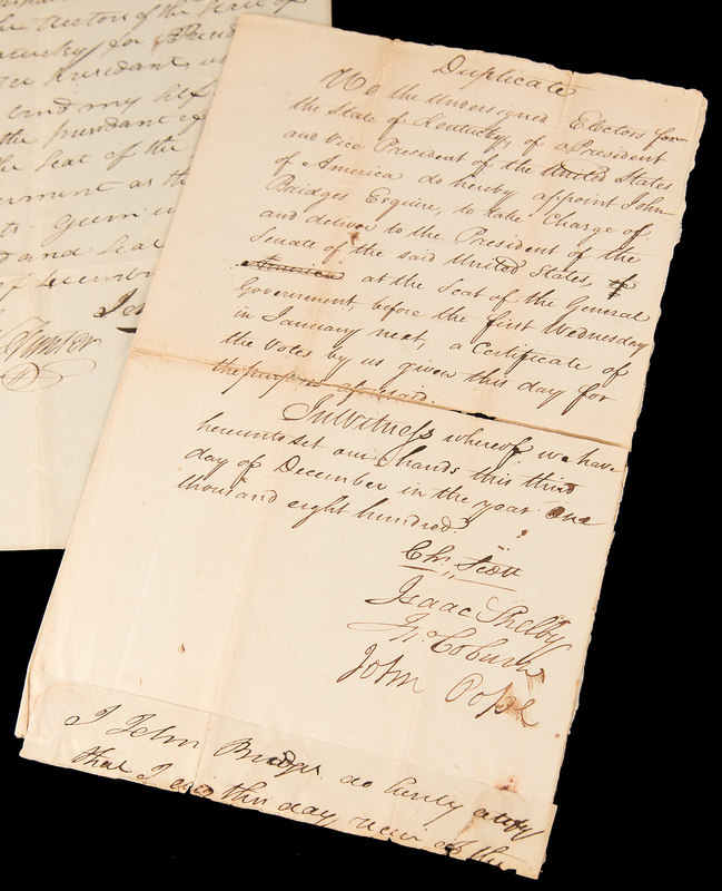 Lot 9 Thomas Jefferson: Kentucky's Electors Cast Their Votes in the 1800 Presidential Election