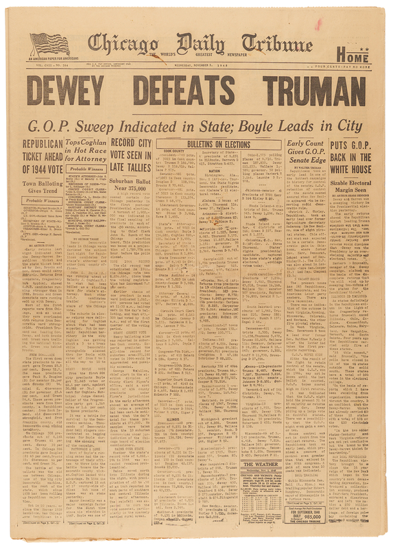 Lot 52 Harry S. Truman: 'Dewey Defeats Truman' Chicago Tribune Newspaper – Complete Issue