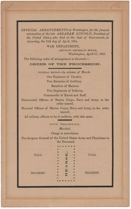 Lot 153 Abraham Lincoln Funeral Program with Order of the Procession for Washington, D.C.