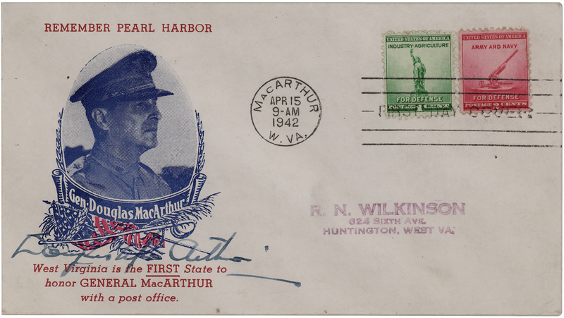 Lot 489 Douglas MacArthur Signed First Day Cover - Postmarked at MacArthur, West Virginia