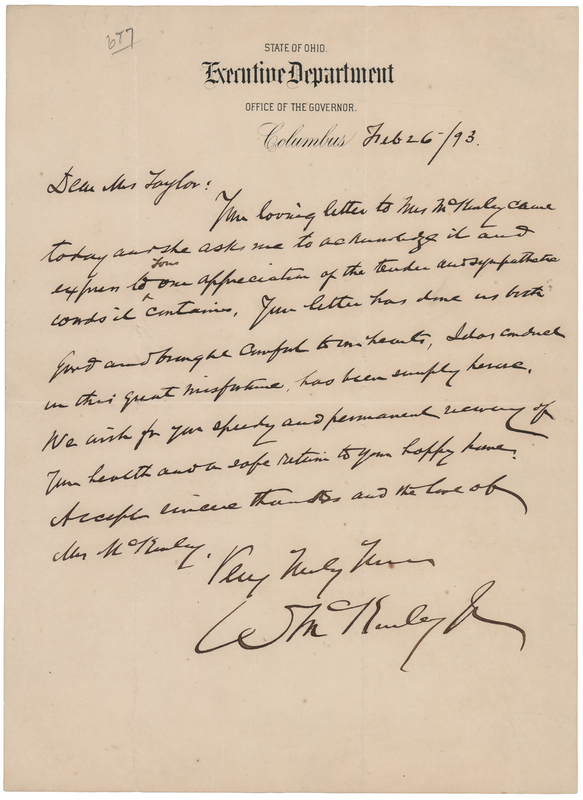 Lot 159 William McKinley Autograph Letter Signed on His Wife's Ailments: 