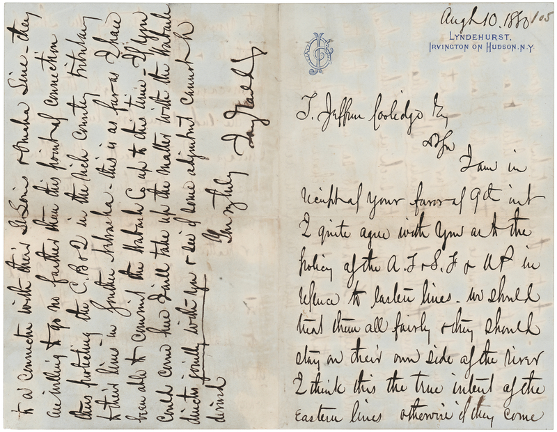 Lot 375 Jay Gould Autograph Letter Signed to Thomas Jefferson's Great-Grandson on the Railroad Industry: 