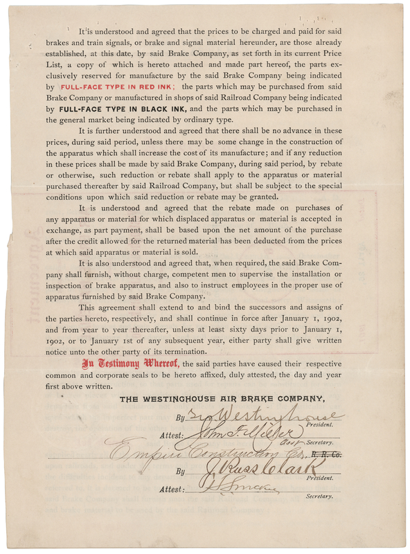 Lot 438 George Westinghouse Document Signed, Selling Air Brakes to a Railroad Builder