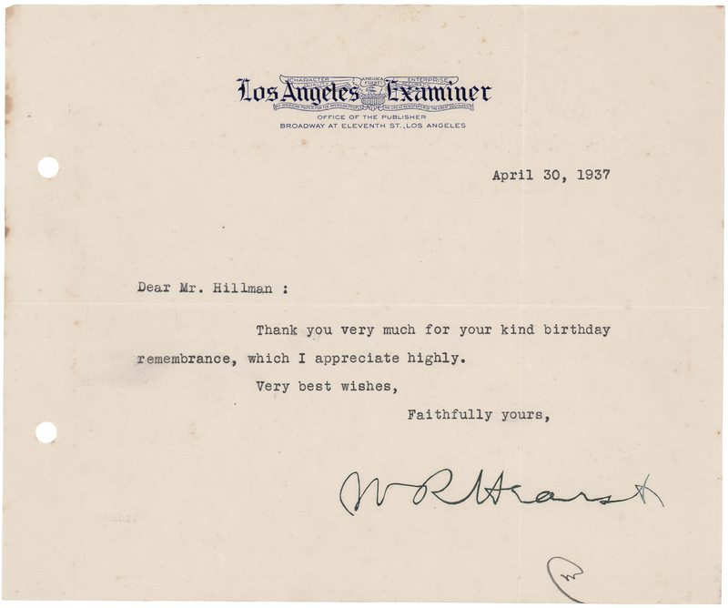 Lot 378 William Randolph Hearst Typed Letter Signed