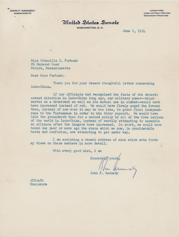Lot 54 John F. Kennedy Typed Letter Signed on Danger in Vietnam (1954): 