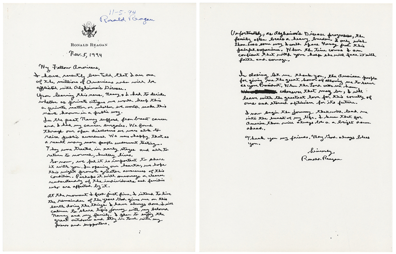 Lot 177 Ronald Reagan (2) Signed Souvenir Statements Announcing His Alzheimer's Diagnosis