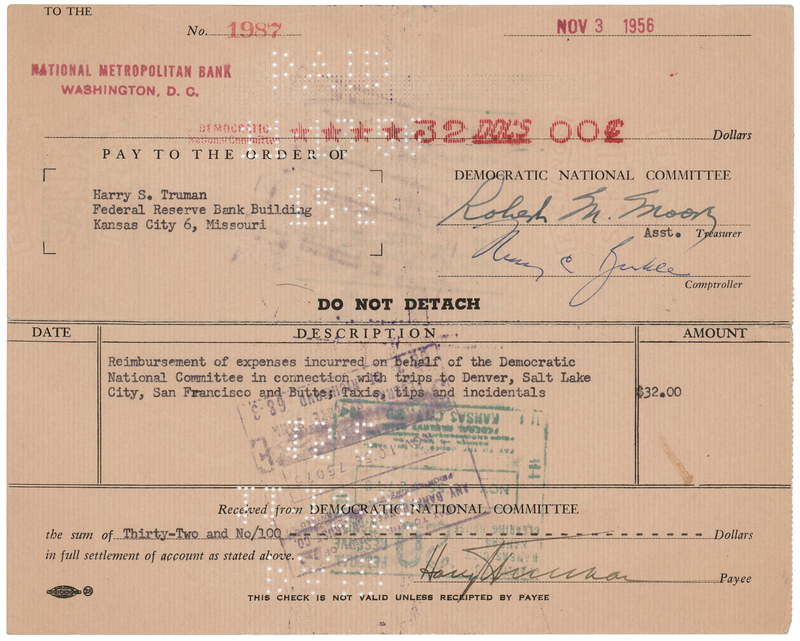 Lot 207 Harry S. Truman Twice-Signed Check from the Democratic National Committee