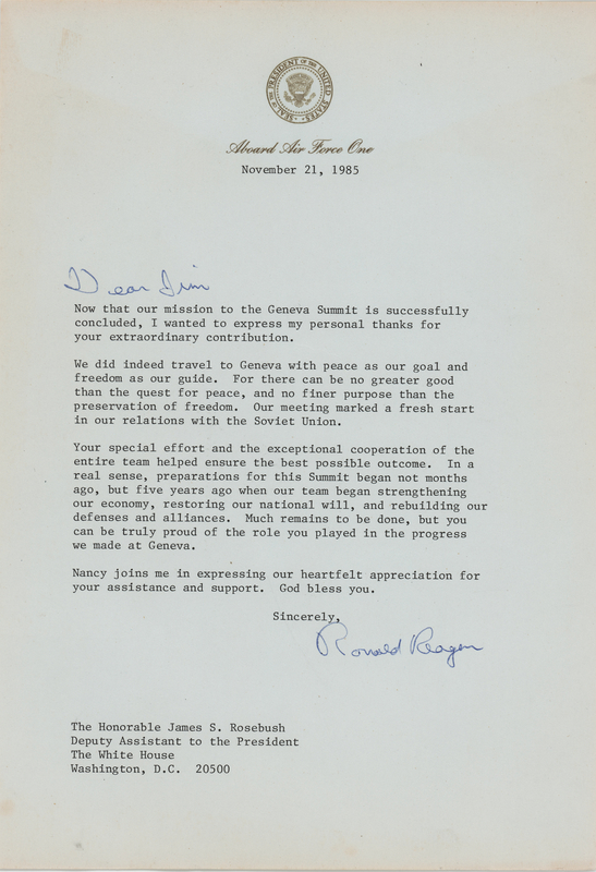 Lot 184 Ronald Reagan Typed Letter Signed as President, Returning from the Geneva Summit: 