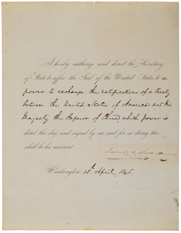 Lot 25 James K. Polk Document Signed as President, Exchanging Ratifications of the Treaty of Wanghia - The First Formal Treaty Between China and the United States