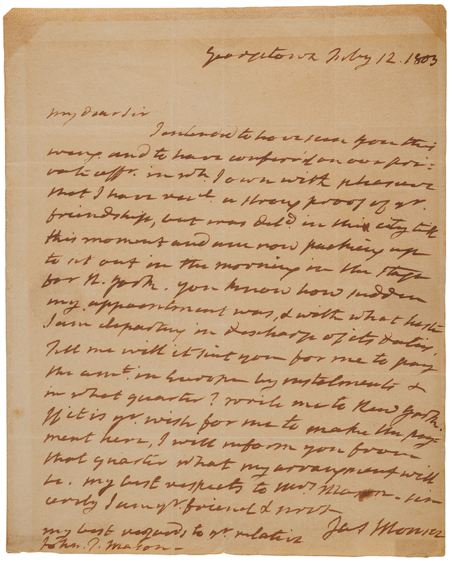 Lot 13 Louisiana Purchase: James Monroe Autograph Letter Signed, Preparing to Depart for France to Negotiate the Purchase of New Orleans: 