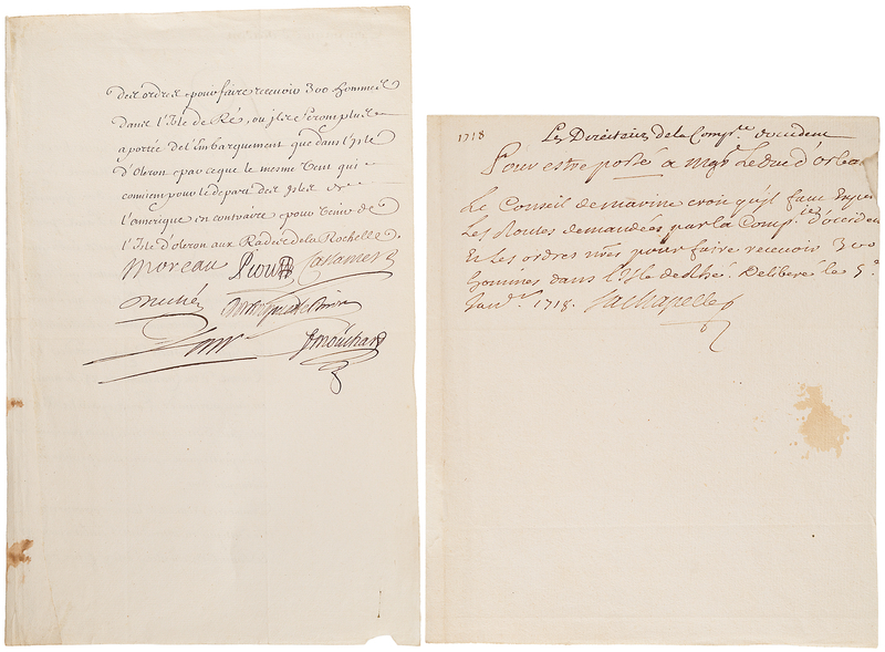 Lot 251 Louisiana: John Law Document Signed, Initiating the Transport of Settlers from France Under His Mississippi Scheme