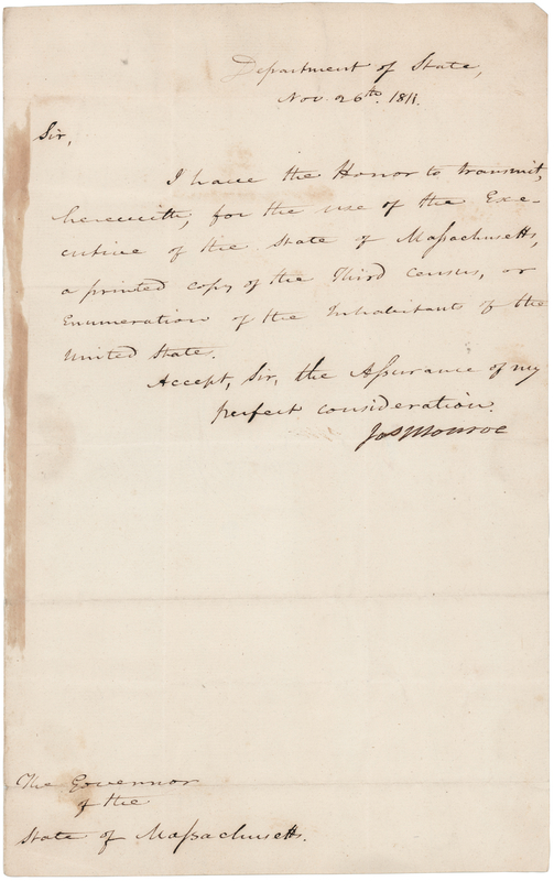 Lot 16 James Monroe Letter Signed as Secretary of State, to Massachusetts Governor Elbridge Gerry, Transmitting Census Data