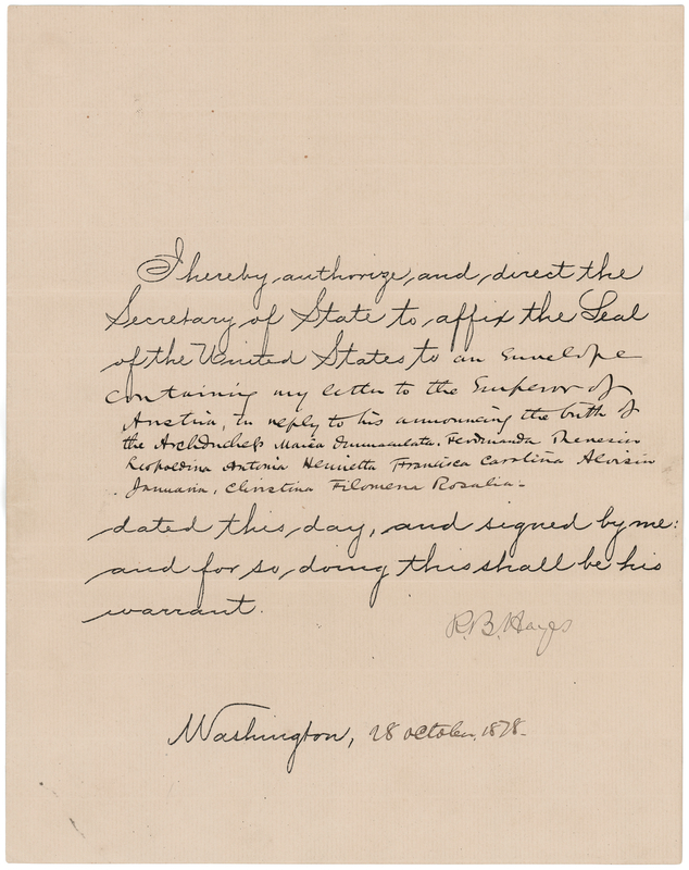 Lot 116 Rutherford B. Hayes Document Signed as President, Congratulating Franz Joseph I on the Birth of an Archduchess