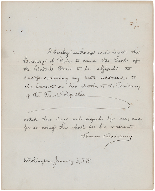 Lot 95 President Grover Cleveland Sends a Congratulatory Letter to the New President of France, Sadi Carnot