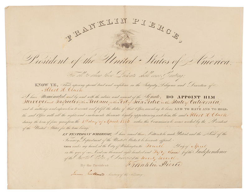 Lot 30 Franklin Pierce Document Signed as President, Appointing an Inspector of Revenue for the Port of San Pedro, California