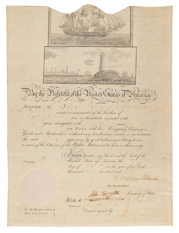 Lot 212 Martin Van Buren Document Signed as President - Scalloped-Top Ship's Pass