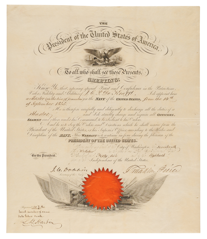 Lot 173 Franklin Pierce Document Signed as President, Appointing a Master in the Navy