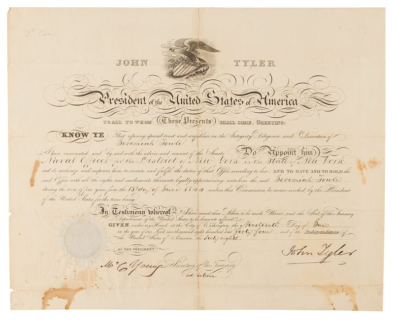 Lot 24 John Tyler Document Signed as President, Appointing a Naval Officer for the District of New York
