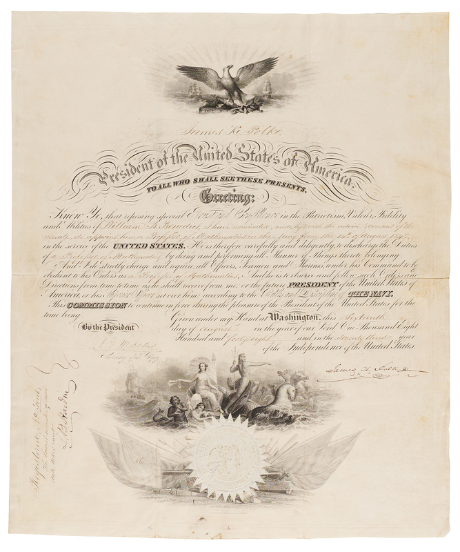 Lot 26 James K. Polk Document Signed as President, Appointing a Professor of Mathematics in the Navy